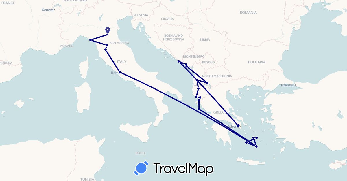 TravelMap itinerary: driving in Albania, Greece, Croatia, Italy, Montenegro, Macedonia (Europe)
